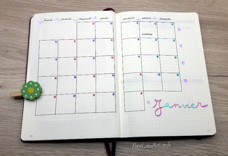 photo de mon bullet journal, plan with me janvier 2020 : double page pour le calendrier mensuel