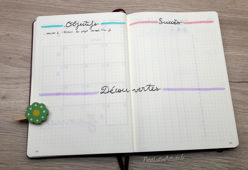 photo de mon bullet journal, plan with me janvier 2020 : double page pour noter mes objectifs, mes découvertes et mes succès