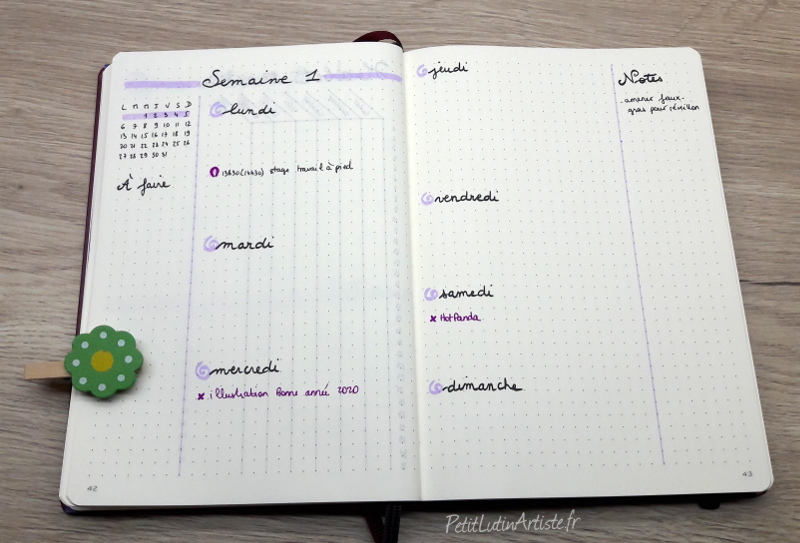 photo de mon bullet journal, plan with me janvier 2020 : la première semaine du mois