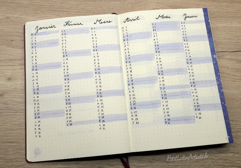 photo du setup 2020 de mon bullet journal : mon calendrier annuel, mois janvier à juin 2020