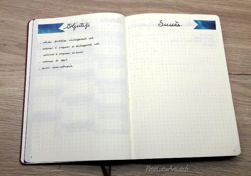 photo du setup 2020 de mon bullet journal : page de gauche mes objectifs pour 2020, page de droite mes (futurs) succès
