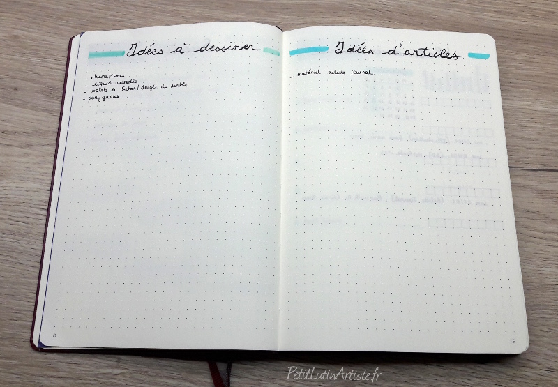 photo du setup 2020 de mon bullet journal : page de gauche les idées à dessiner, page de droite les idées d'articles de blogs
