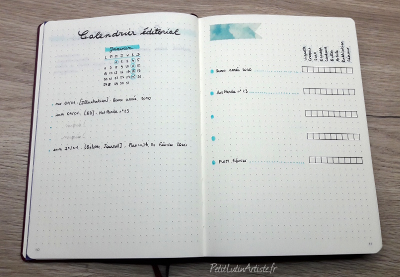 photo du setup 2020 de mon bullet journal : calendrier éditorial et avancement étape par étape de chaque illustration