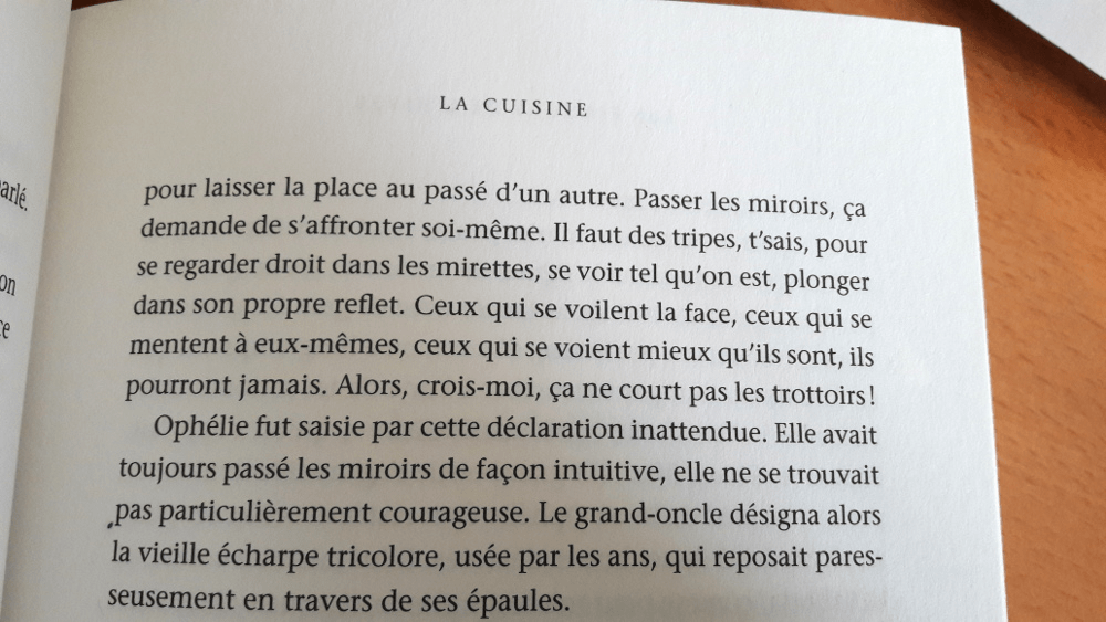 photo d'une page du premier tome de la passe-miroir avec la citation "passer les miroirs, ça demande de s'affronter soi-même"