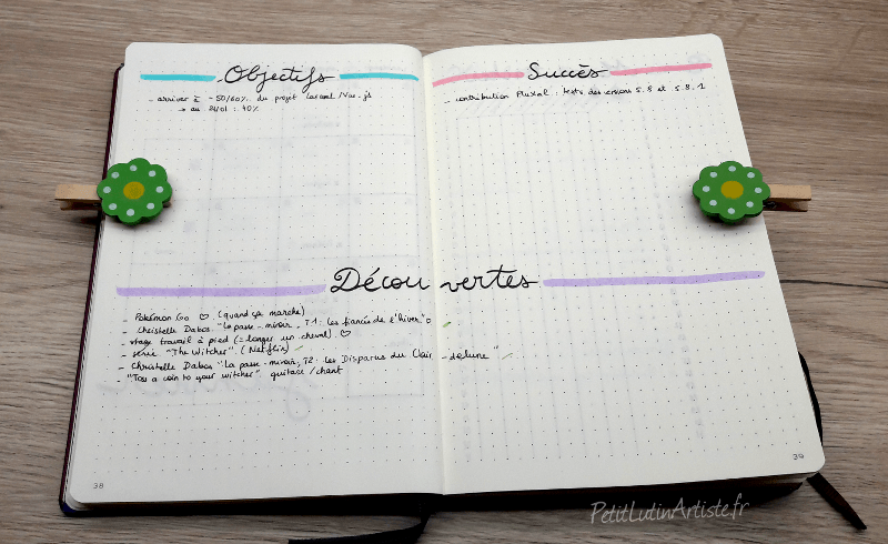 double page du mois dejanvier 2020 dans mon bullet journal : mes objectifs, succès et découvertes complétés