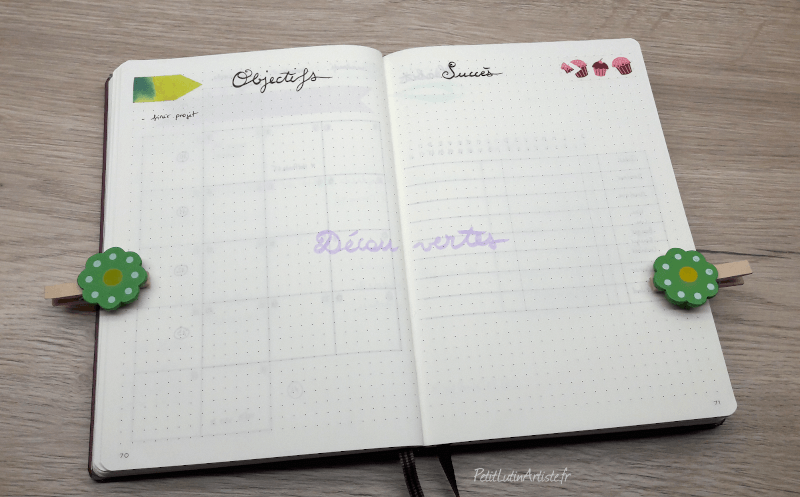 bullet journal, double page : à gauche "Objectifs", à droite "Succès", au milieu de la double page "Découvertes"