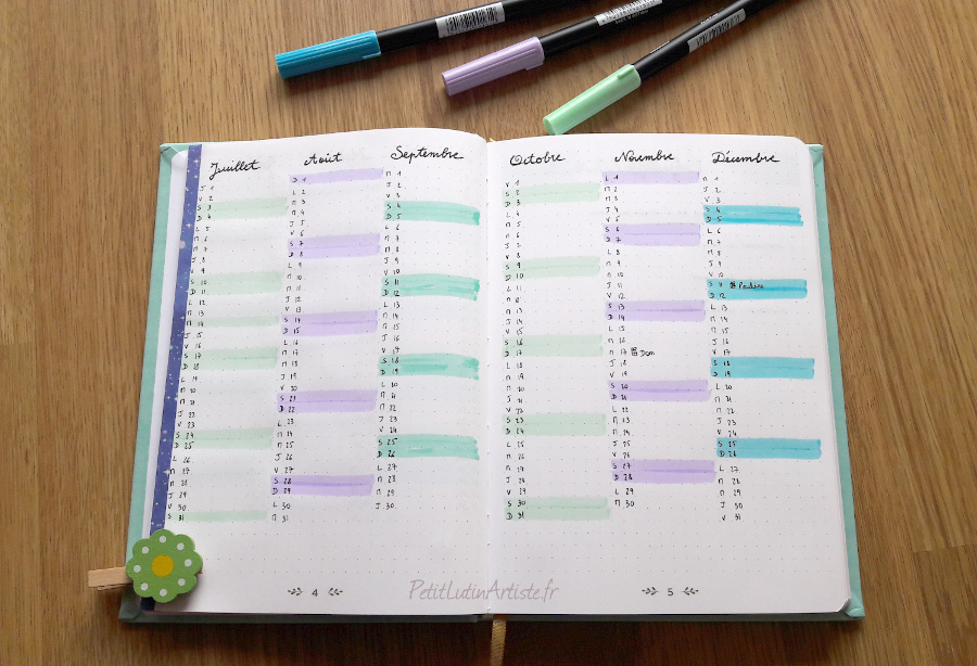 calendrier 2021 de juillet à décembre dans mon bullet journal