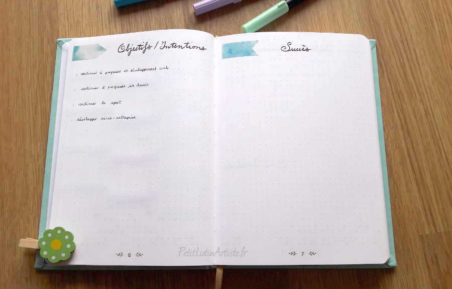 double page objectifs/intentions, succès et découvertes dans mon bullet journal