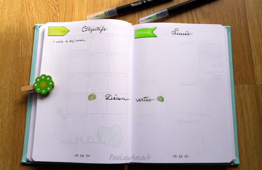 Double page de bullet journal : objectifs, succès et découvertes