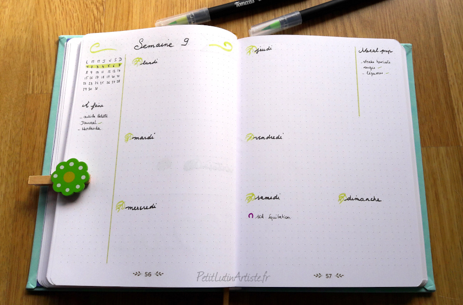 Double page de bullet journal : organisation de la semaine