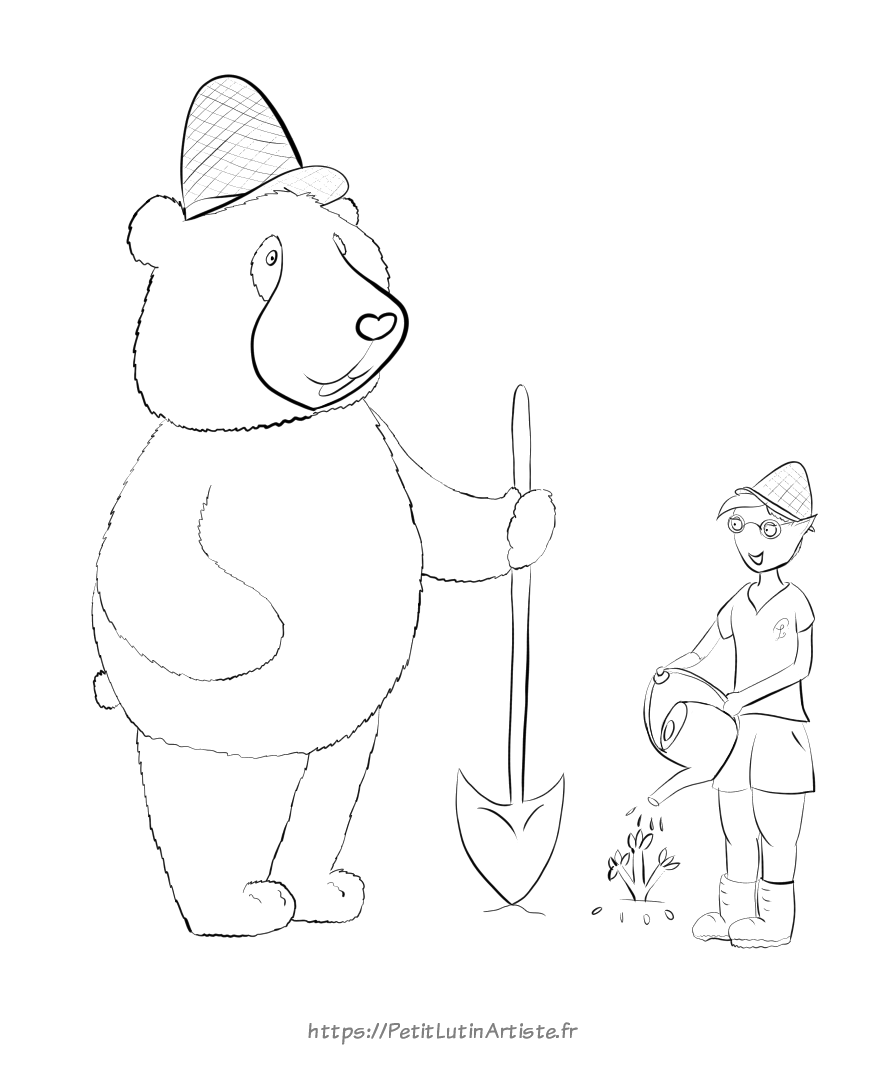 coloriage à télécharger de Moustache le panda et Petit Lutin en train de jardiner