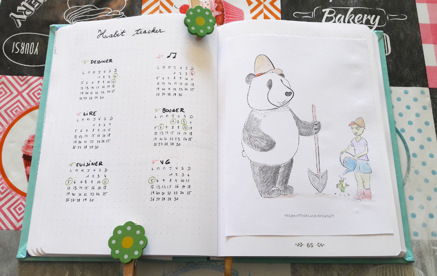 Belette journal : à gauche la liste des bonnes habitudes que j'aimerais reprendre pour le mois, à droite une illustration de Petit Lutin et Moustache le panda en train de jardiner