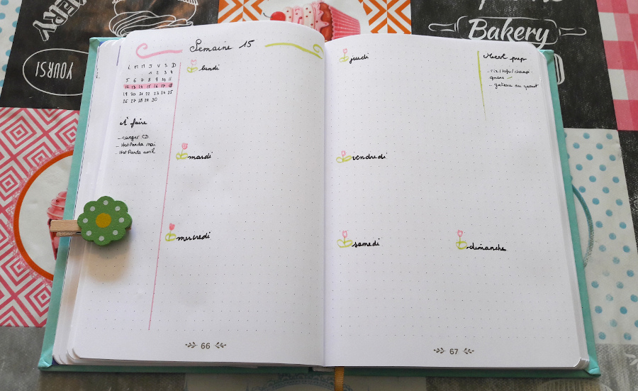 Belette journal : double page de la semaine, à gauche dans la marge les choses à faire, à droite la liste des repas à préparer