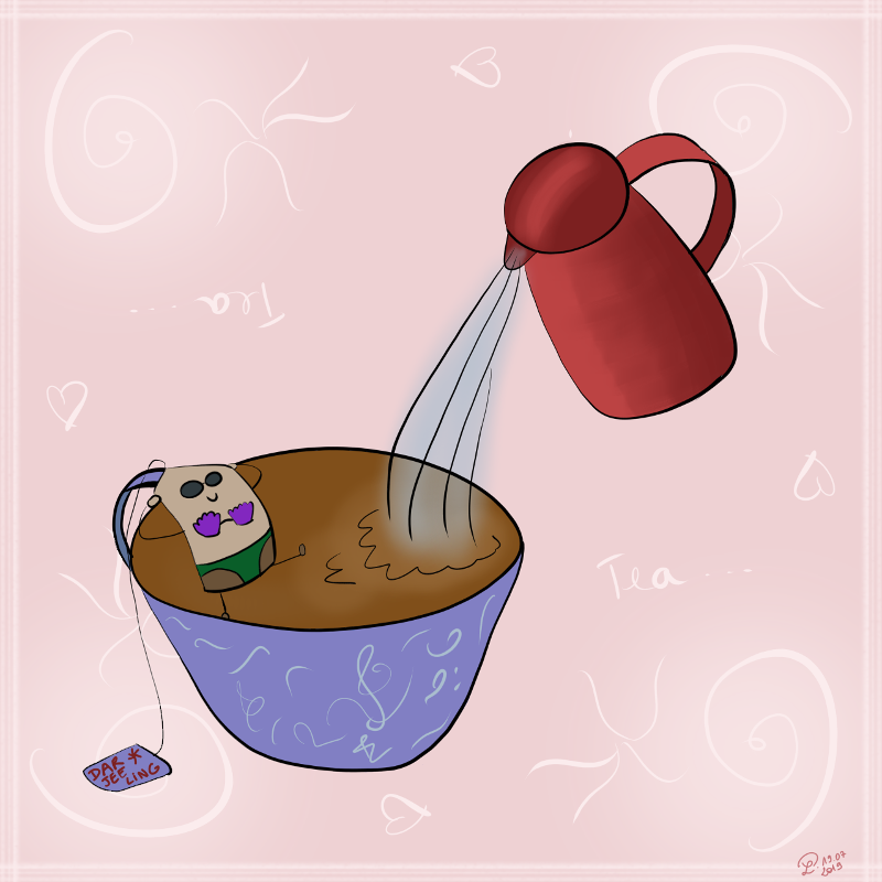 un sachet de thé en maillot de bain se baigne dans une tasse de thé