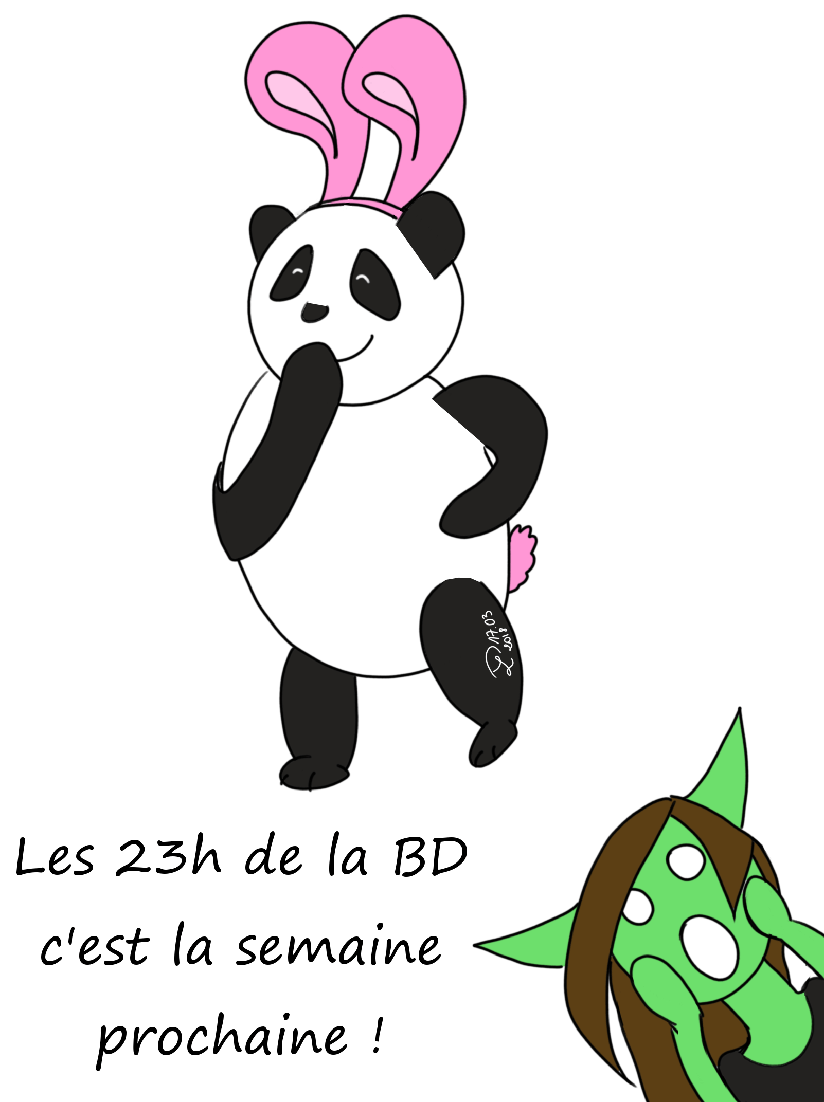 Moustache le panda, déguisé en lapin avec des roses et un pompom roses