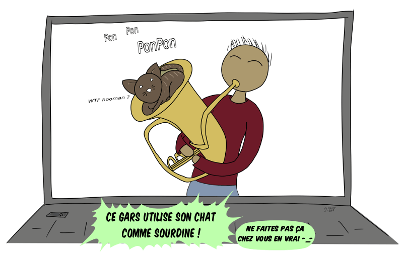 "Ce gars utilise son chat comme sourdine dans son euphonium !" (ne faites pas ça chez vous...)