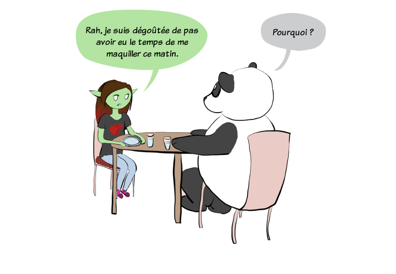 Petit Lutin râle parce qu'elle n'a pas eu le temps de se maquiller ce matin. Moustache le panda lui demande pourquoi ça l'énerve autant.