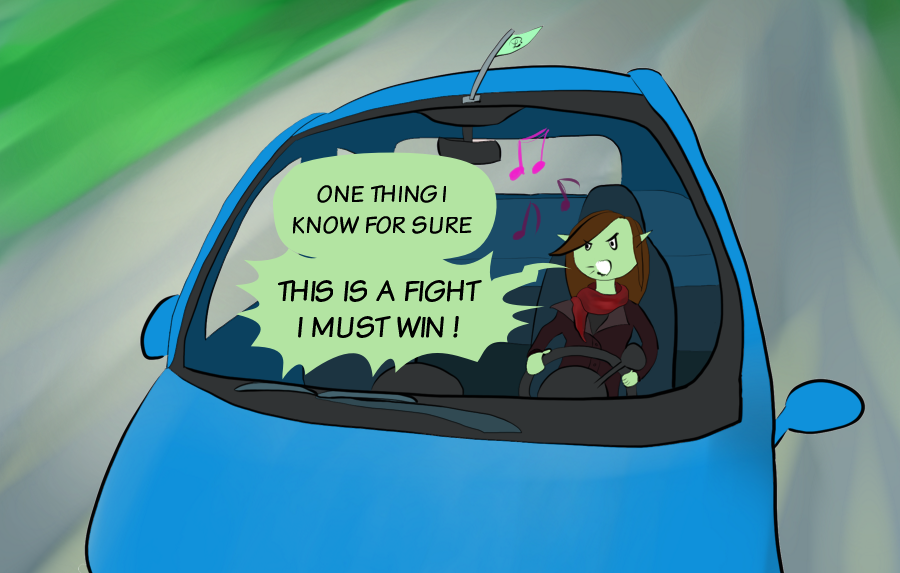Petit Lutin chante 'A fight I must win' de Arch Enemy dans sa voiture