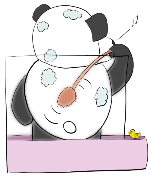 Moustache (le panda) sifflote en prenant sa douche