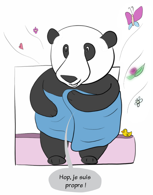 Moustache (le panda) se sèche dans sa serviette en disant :'Hop! je suis propre !'