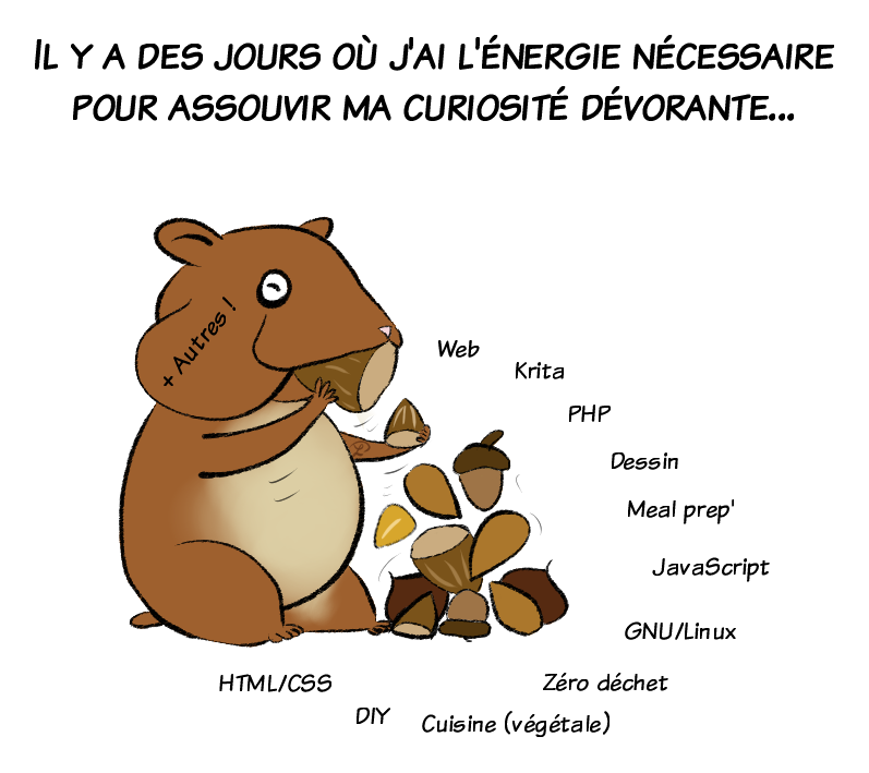 La liste de tout ce qui intéresse Petit Lutin artiste en ce moment : html/css, le web, krita, gnu/linux...