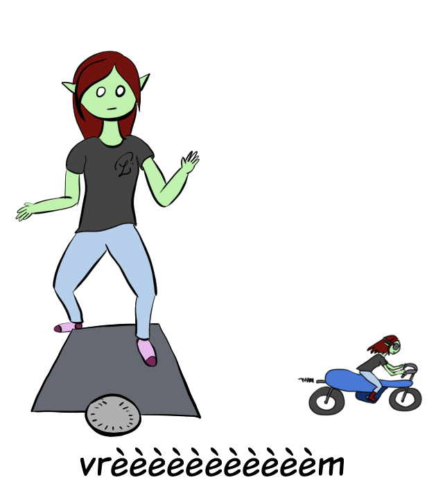 Case de BD : Petit Lutin pose un pied sur une balance qui fait le bruit d'un moteur de mobylette