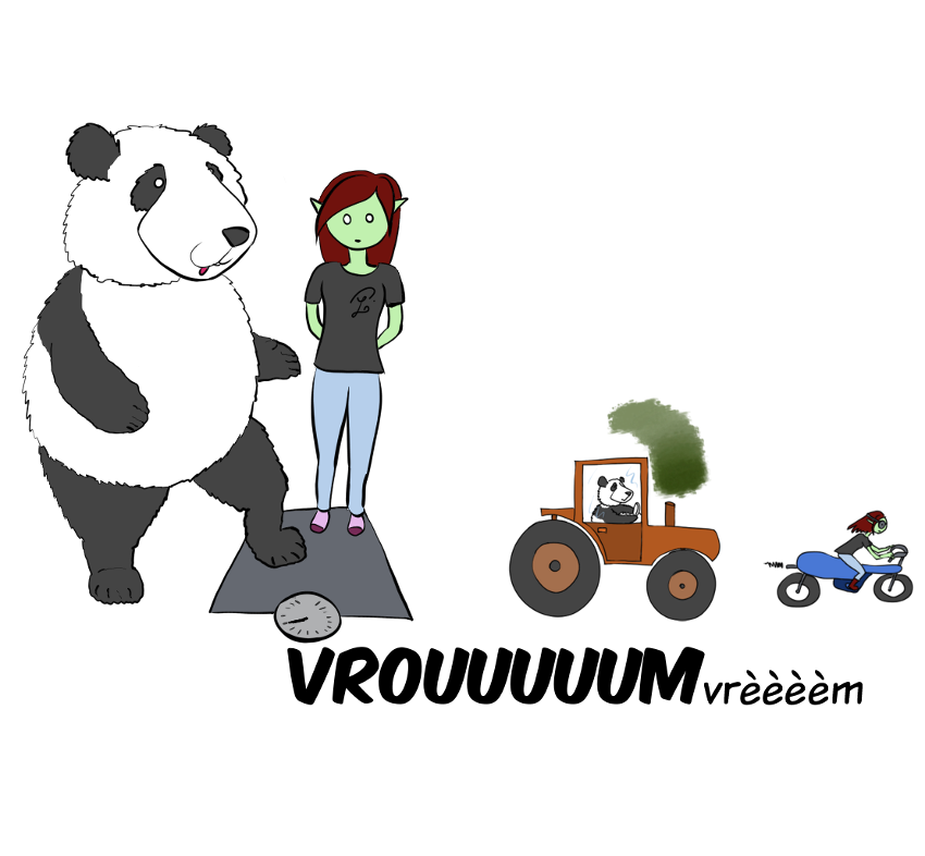 Case de BD : Moustache le panda pose à son tour son pied sur la balance et cette fois-ci on entend un bruit de moteur de tracteur.