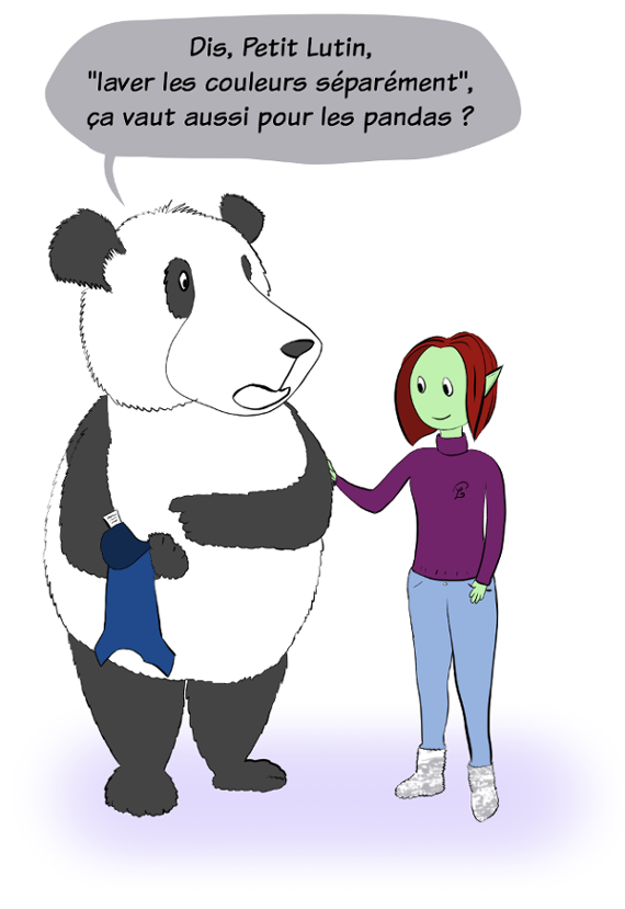Case de BD : Moustache le panda demande à Petit Lutin si la consigne de lavage 'laver les couleurs séparément' vaut aussi pour les pandas