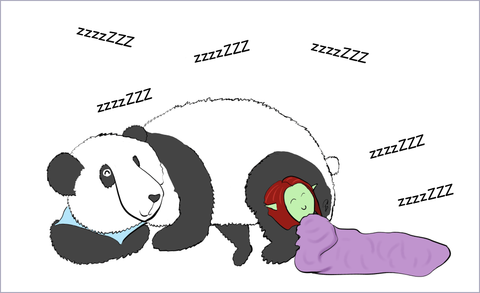 Case de BD : Petit Lutin a pris un plaid et s'est adossée à Moustache pour faire la sieste avec lui. Ils ronflent en choeur.