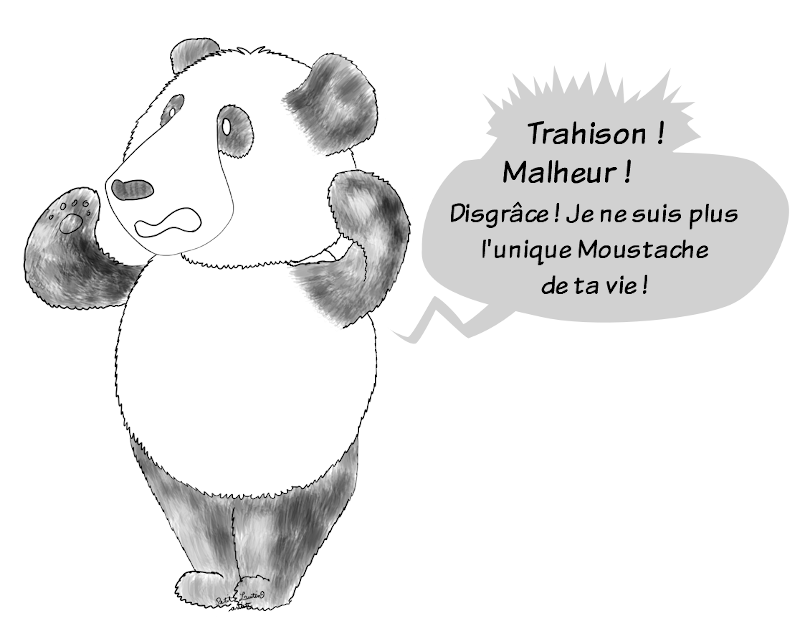Moustache le panda s'écrie : "Trahison ! Malheur ! Disgrâce ! Je ne suis plus l'unique Moustache de ta vie !"