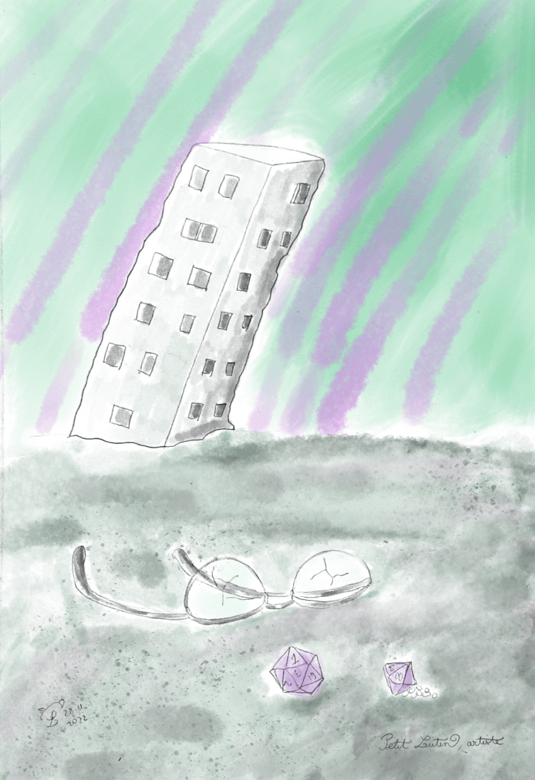 C'est une vision un peu apocalyptique : un gratte-ciel, bien vertical à l'origine, est penché dans le sol un peu comme la tour de Pise. Des volutes de fumée violette embrasent le ciel vert. Le bâtiment est abandonné, et sur le sol au premier plan sont placées des lunettes dont les verres sont fendus, ainsi que deux dés violets.