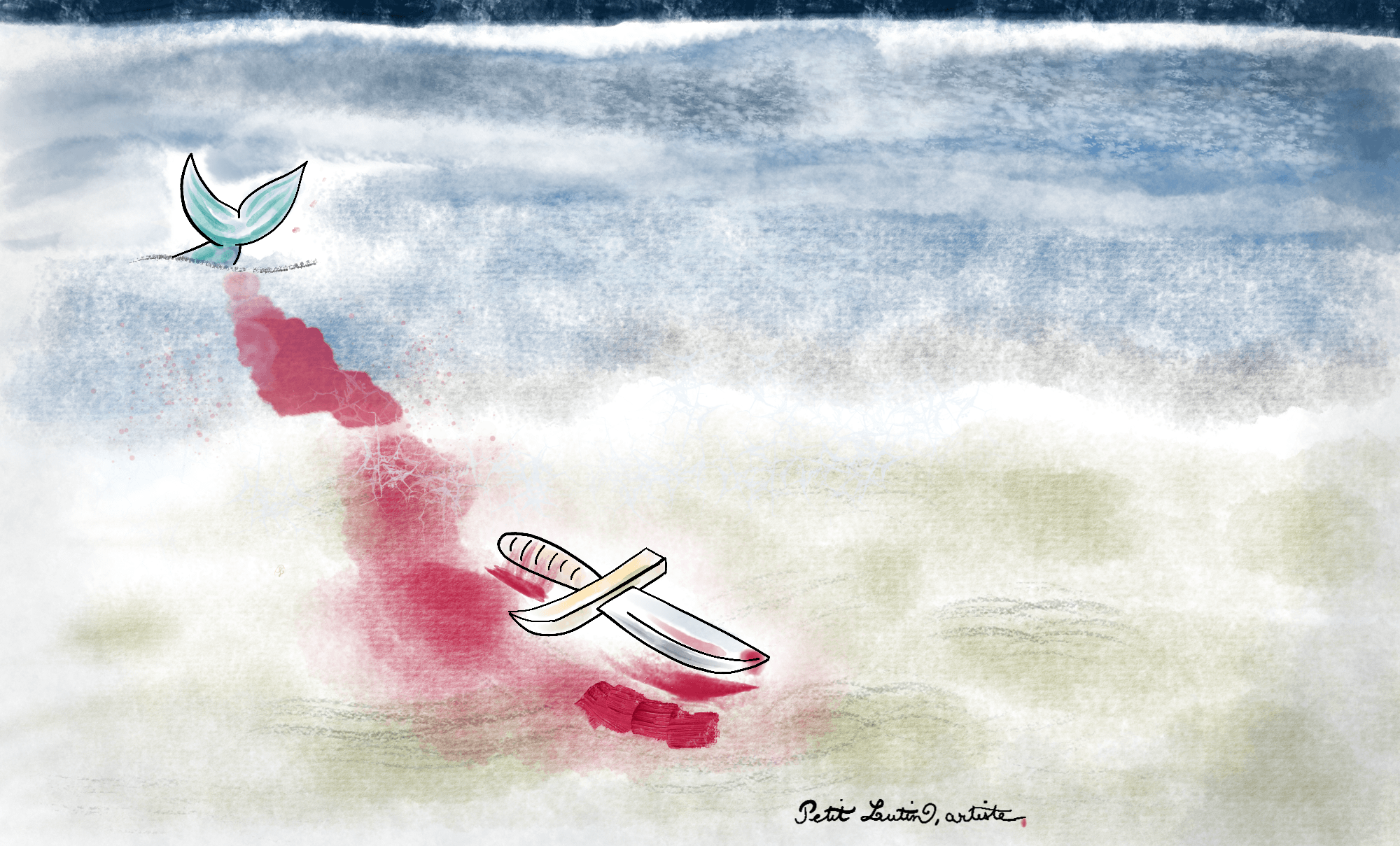 Illustration numérique d'un point de vue sur la plage, côté sable, en regardant la mer direction l'horizon. Au premier plan, une dague est posée sur le sable. Elle est tachée de sang sur la lame et sur le manche. Le sang a fait une grosse flaque autour de la dague dans le sable, et continue dans la mer, jusqu'au second plan. La trace s'arrête donc dans la mer, à l'endroit où une sirène plonge plus profondément. On ne voit que les nageoires du bout de sa queue, elle a déjà plongé. Le ciel est très sombre cette nuit-là. Pas de reflet de lune.
