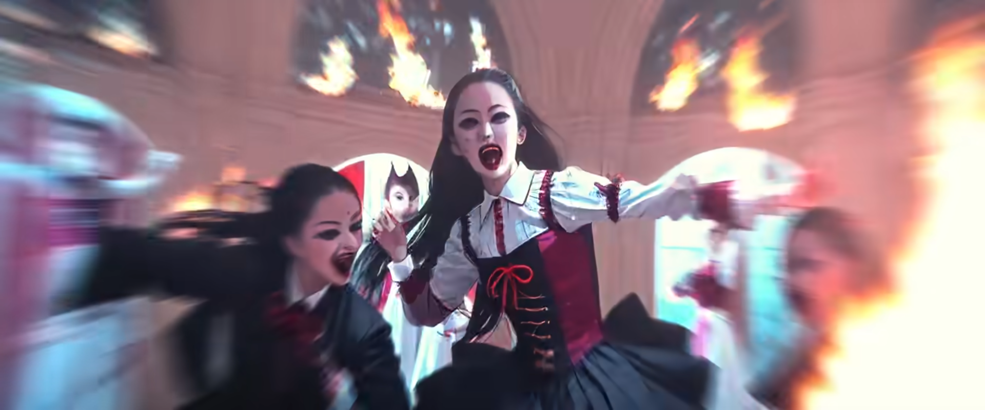 screenshot of the clip Damantion Flame, where the singer is changed in skeleton by AI. the skeleton version is way more skinnier than the real singer, and though the singer is caucasion, the face of the skeleton looks tinier, more asian