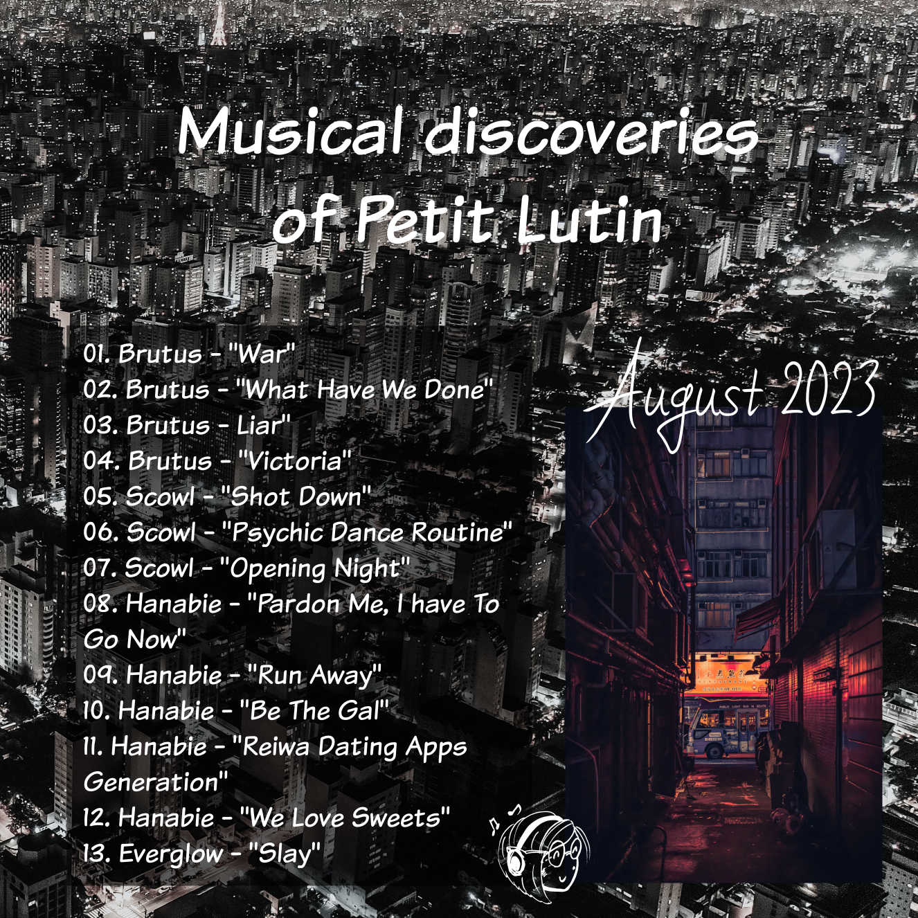 same photo with another one of a enlighted street in an asian district, with the tracklist