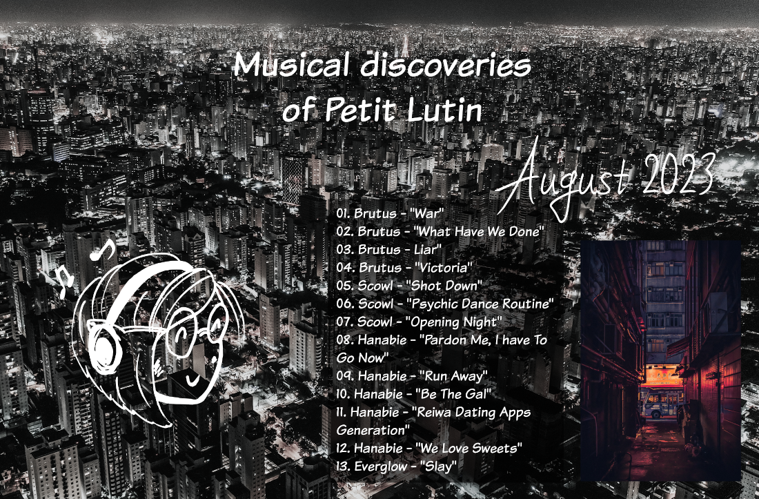 Pictures of city at night. It's written "musical discoveries of Petit Lutin, august 2023"