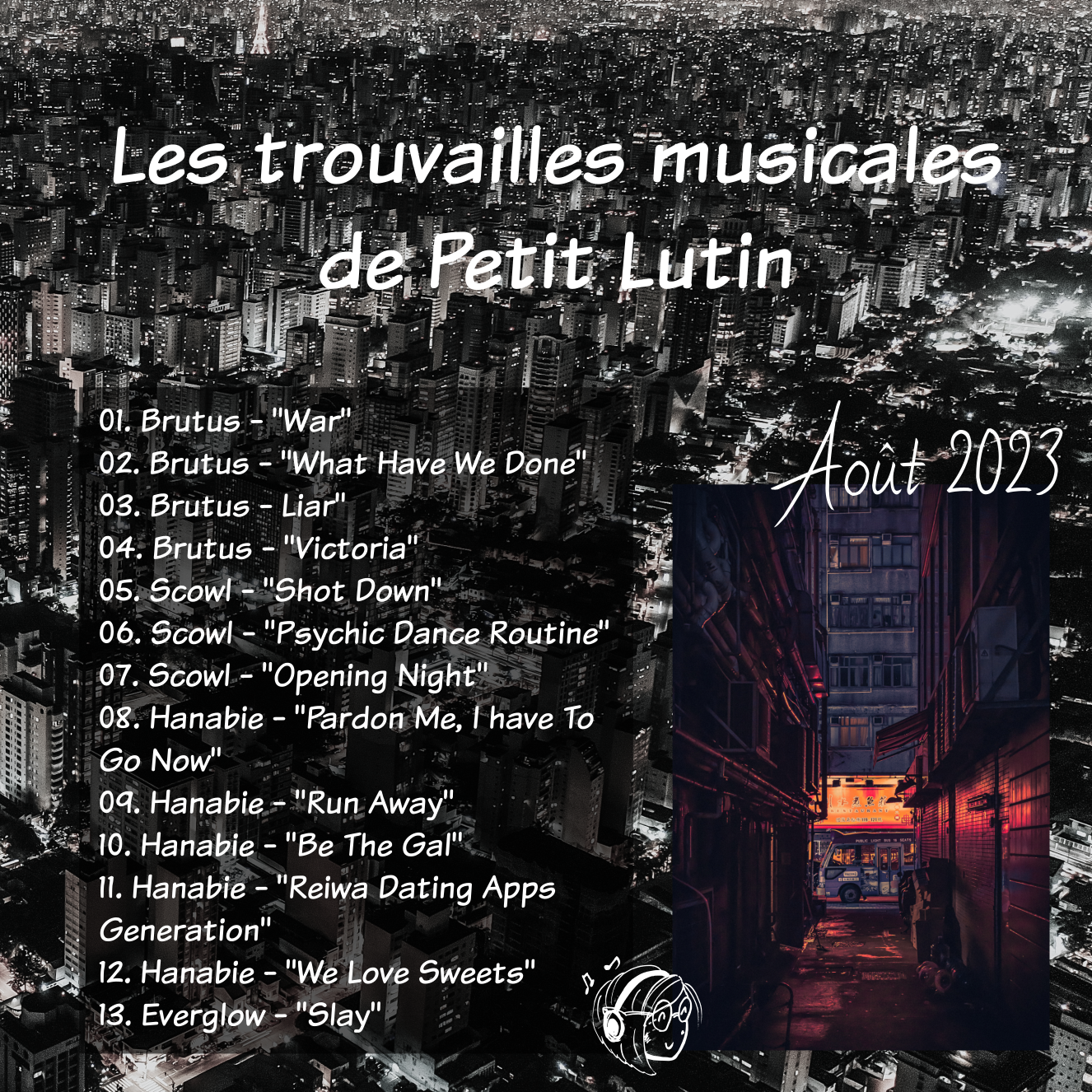 Même photo en noir et blanc, et par-dessus il y en a une autre, d'une rue éclairée d'un quartier asiatique en bas à droite. Il y a la liste des chansons qur la moitié gauche