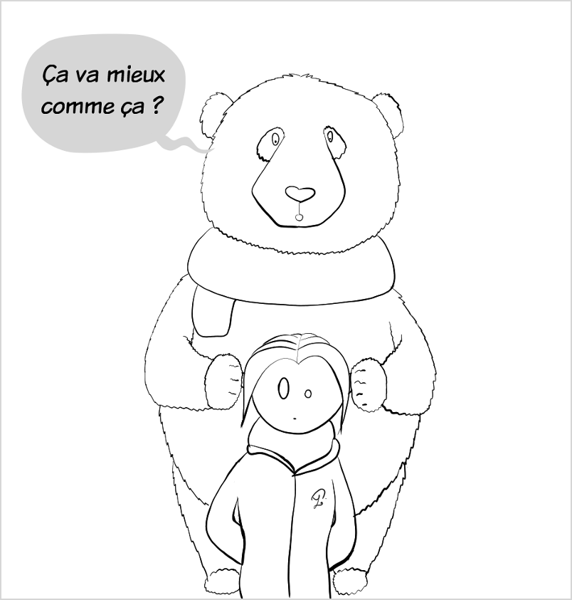 Moustache le panda, qui marche derrière elle, pose ses pattes sur les oreilles de Petit Lutin pour lui demander si ça va mieux en faisant ça. Le geste surprend Petit Lutin.